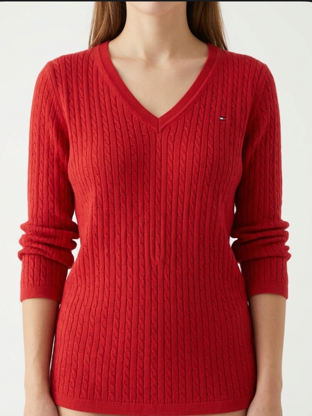 Tommy Hilfiger Red Cable Knit V-Neck Sweater Old Money Preppy Size L